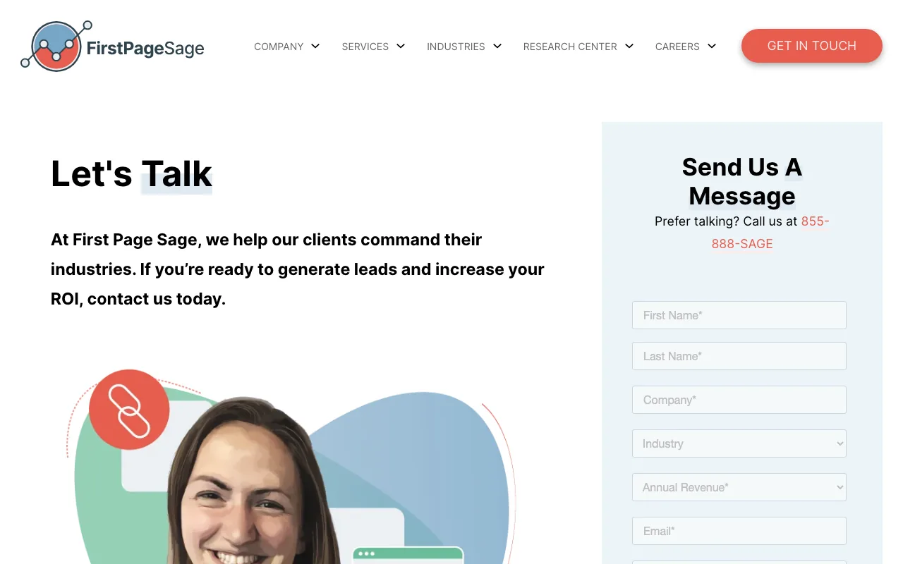 First Page Sage contact screenshot — get in touch / book a call captured May 2026