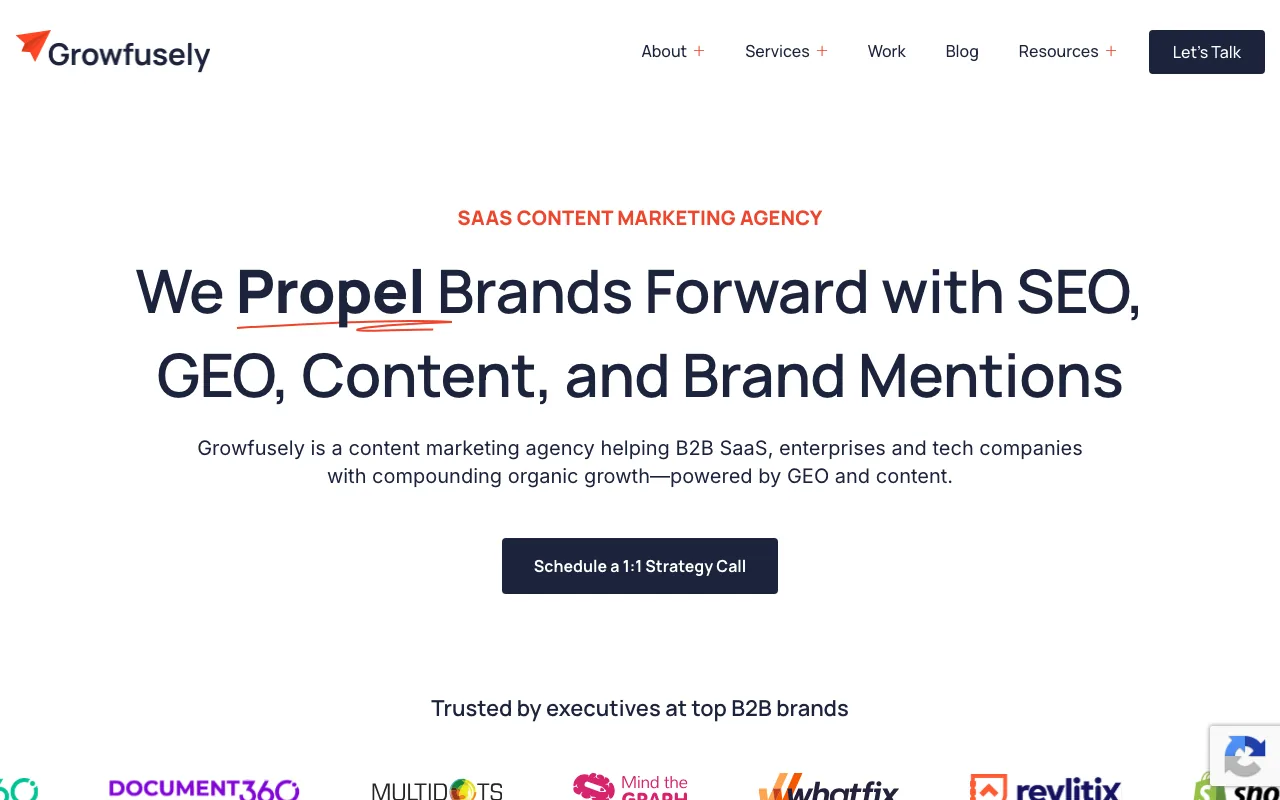 Growfusely homepage screenshot — B2B marketing agency