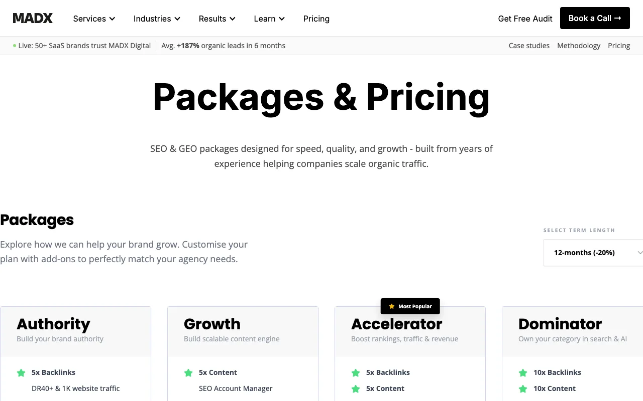 MADX Digital pricing screenshot — service packages and plans captured May 2026
