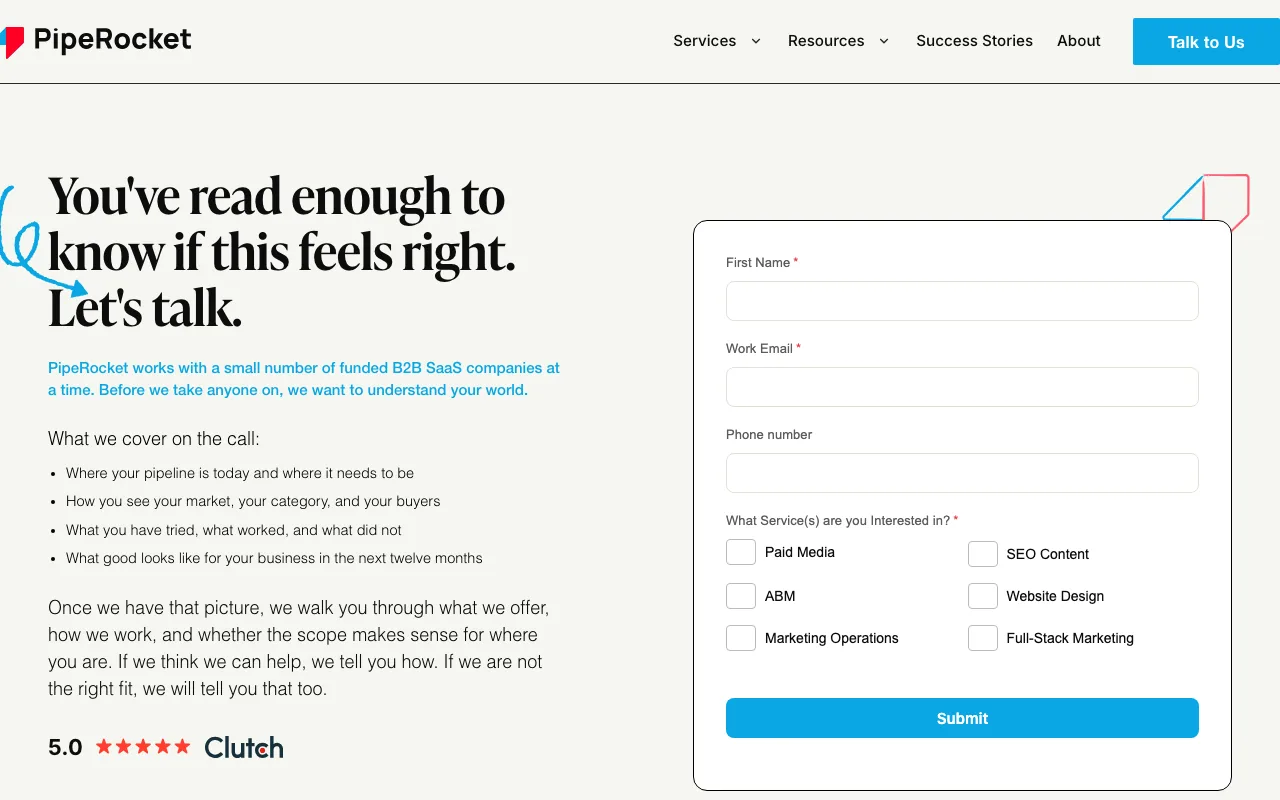 PipeRocket Digital contact screenshot — get in touch / book a call captured May 2026