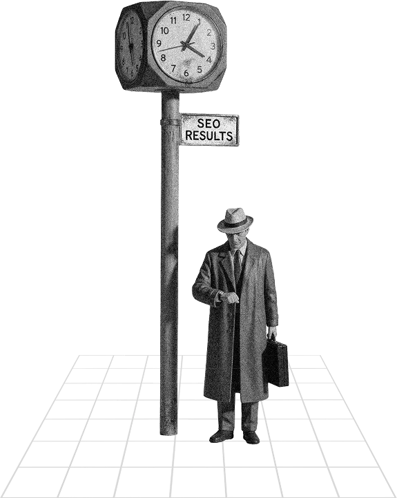Vintage figure under an SEO Results street clock. Devtools context