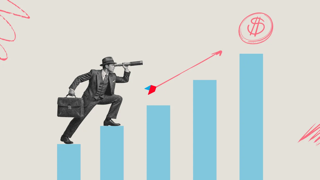 Businessman with telescope climbing a growing bar chart