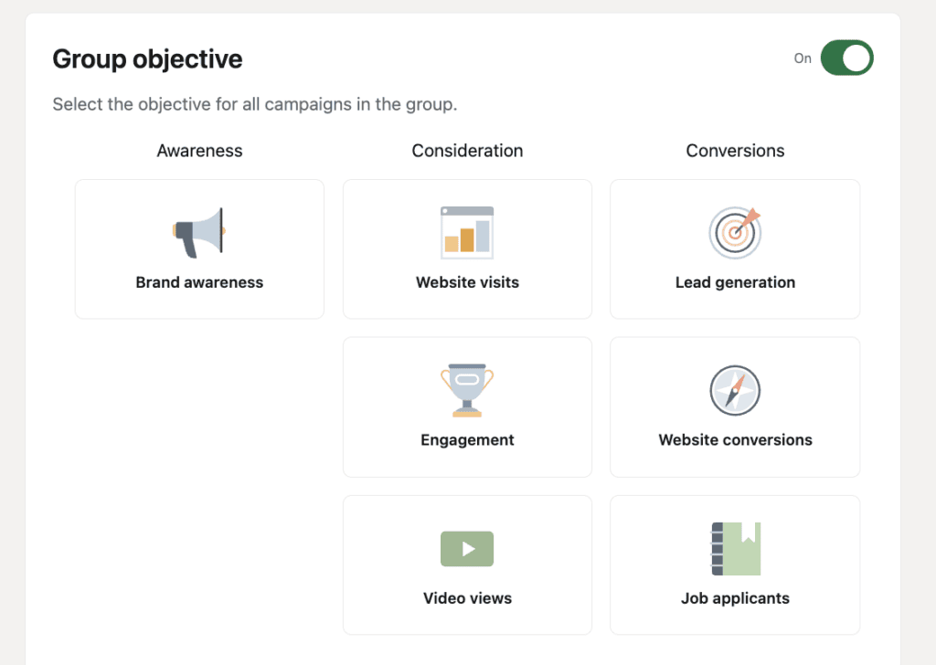 Screenshot of the LinkedIn “Group Objective” options